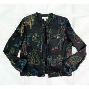 Coldwater Creek Women Sz L Black Colorful Embroidered Ruffled Twill Denim Jacket